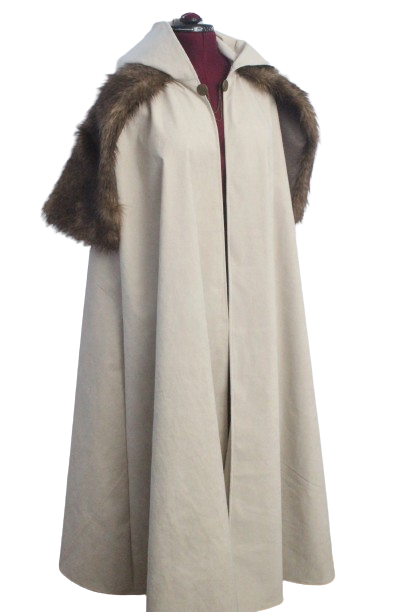 Cream Suede Long Hooded Cloak with Fur